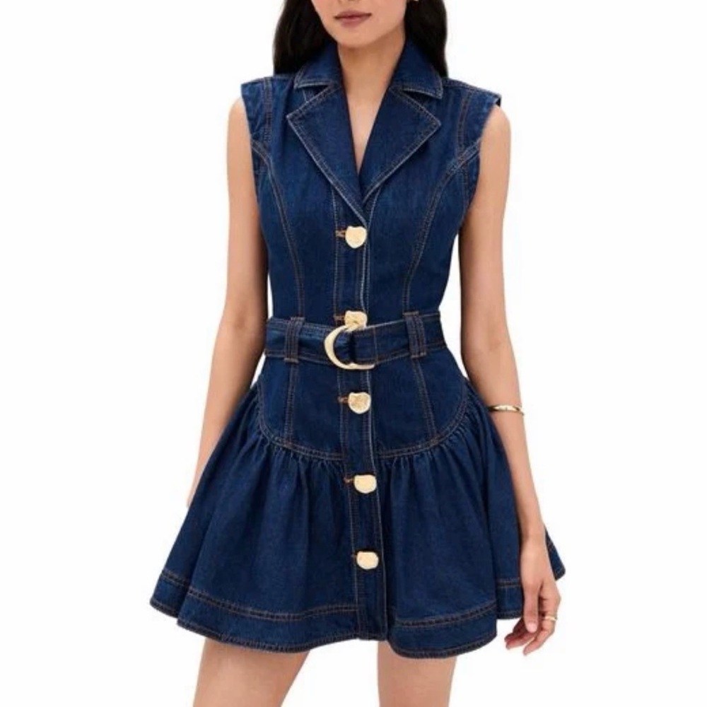 Aje Deep Denim Mini Dress with Gold Accents